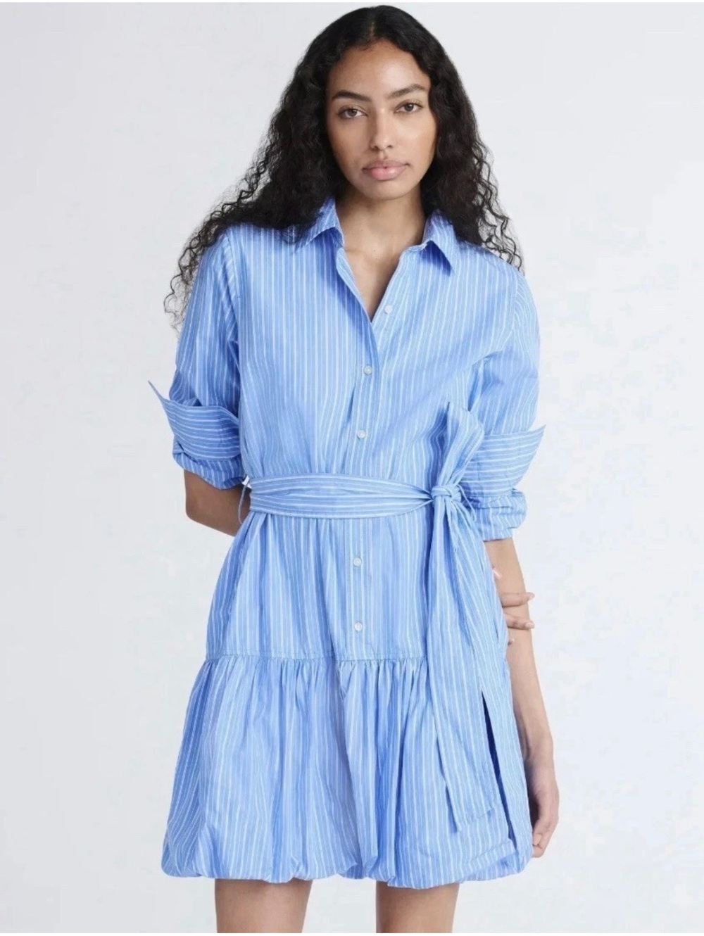Free Assembly Blue White Striped Tiered Mini Shirt Dress Belted NWT Size Large